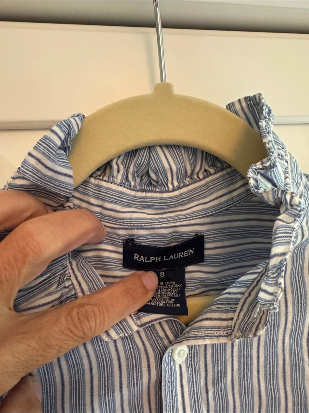 Ralph Lauren Light Blue & White Striped Ruffle Collar Button-Down Shirt